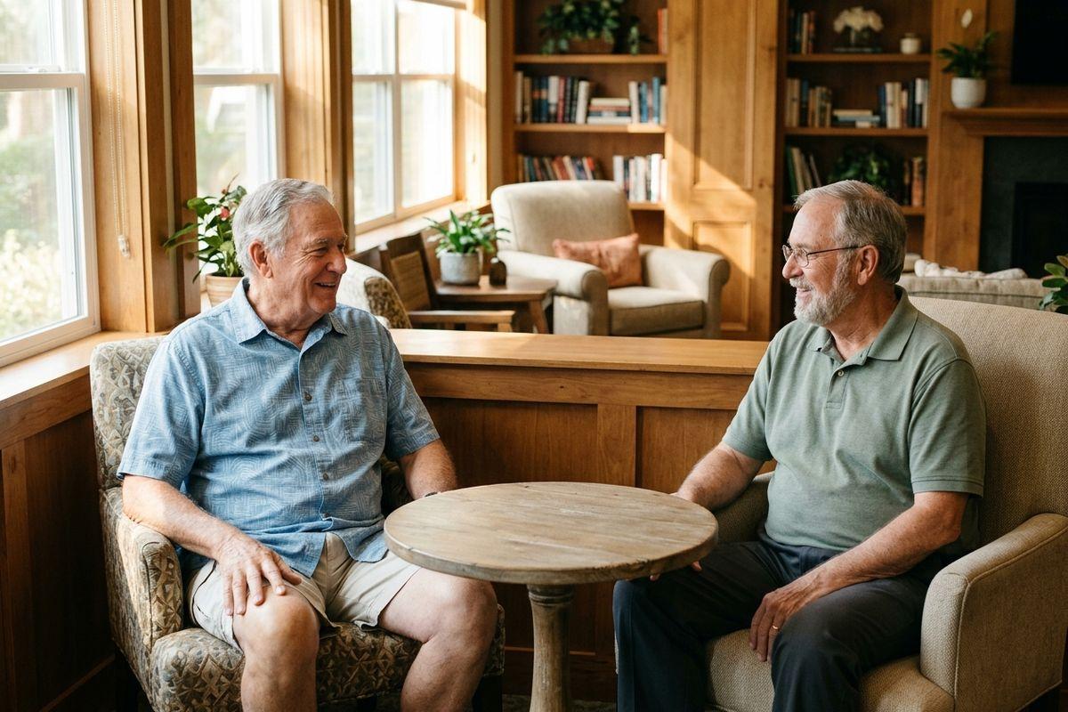 Two older adults sit in armchairs by a small round table, smiling and talking in a wood-paneled room with bookshelves.