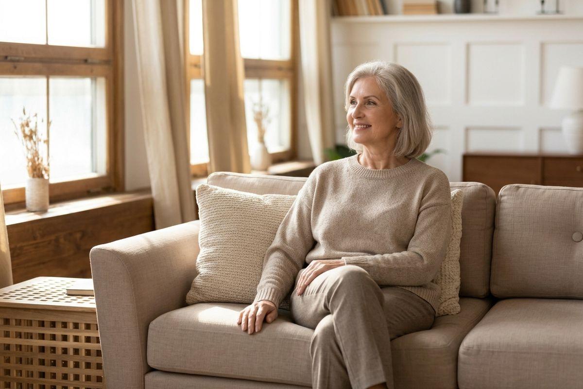 Older adult with gray hair sits smiling on a beige sofa in a sunlit living room, looking toward a window.