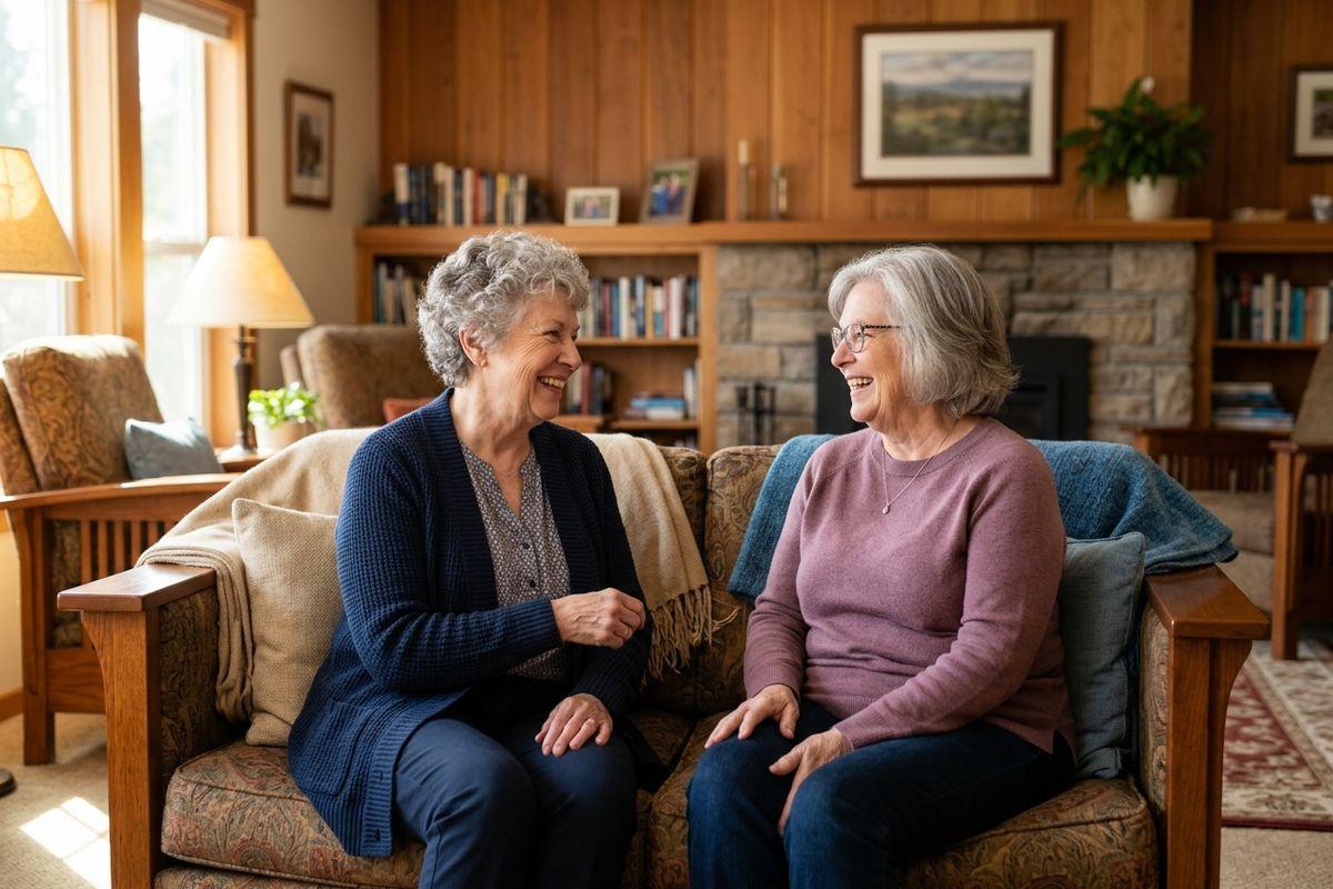 Two older adults sitting on a couch, smiling and talking, in a cozy living room with bookshelves and a stone fireplace.